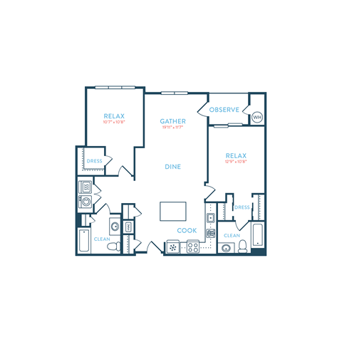 Floor plan for 2 beds, 2 baths, 1144 sqft